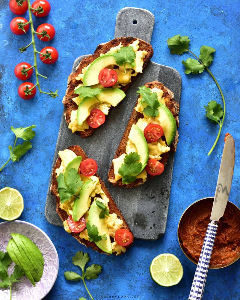 Harissa, scrambled eggs, avocado and coriander sourdough toast