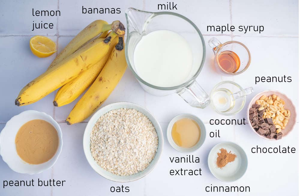 Labeled ingredients for banana peanut butter oatmeal.