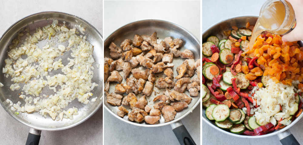 a collage of three photos showing preparation steps of Moroccan chicken with apricots and vegetables