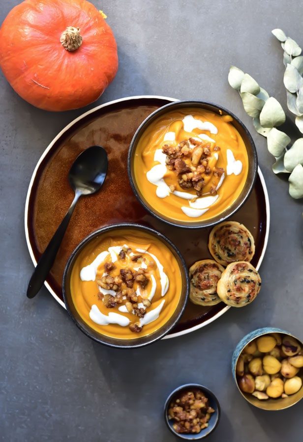 pumpkin ginger and brown butter soup with caramelized chestnuts