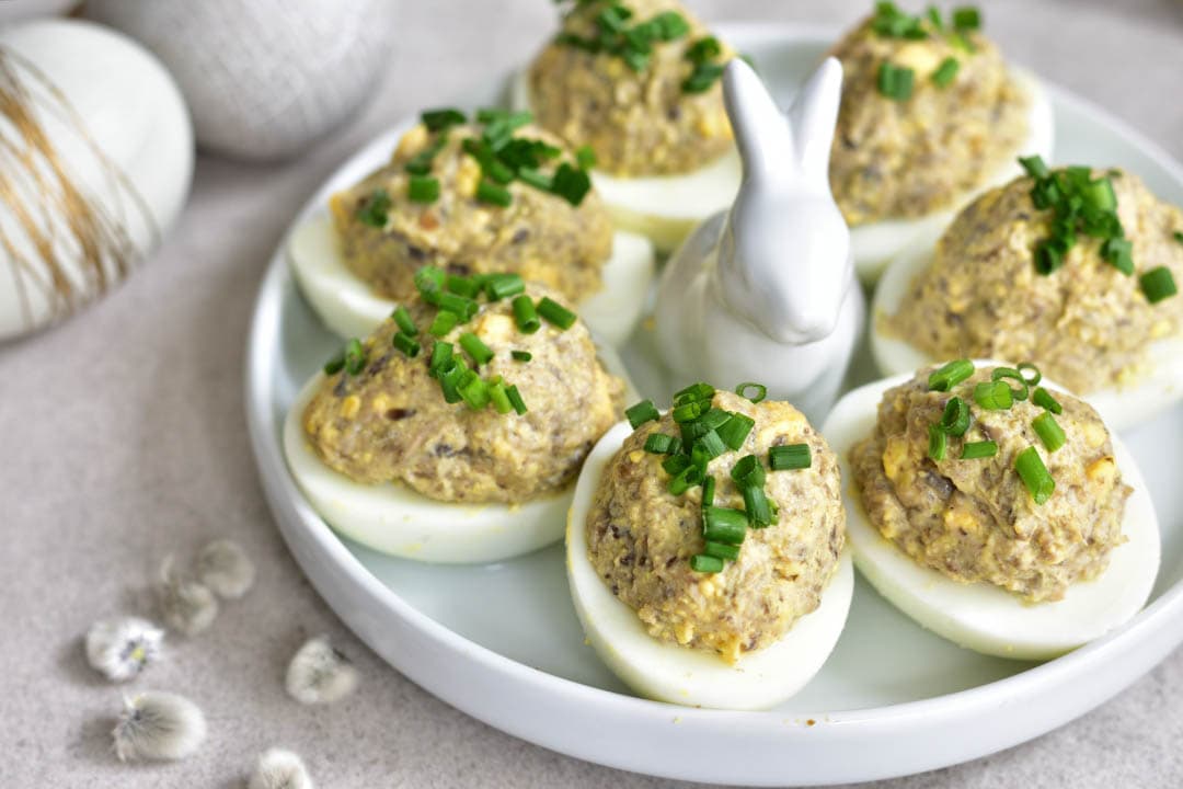 close up shot on mushroom deviled eggs