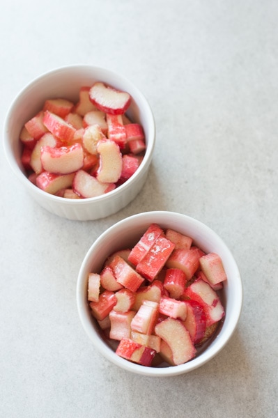 chopped rhubarb in two small ramekins