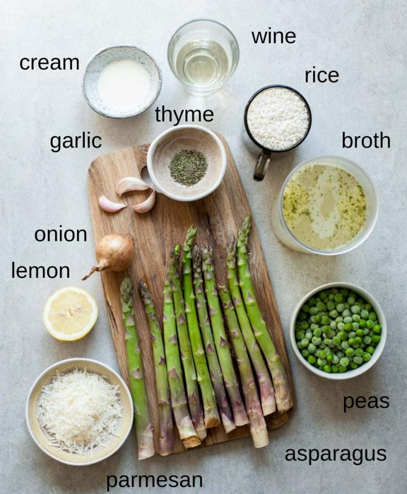 Labeled ingredients for asparagus risotto.