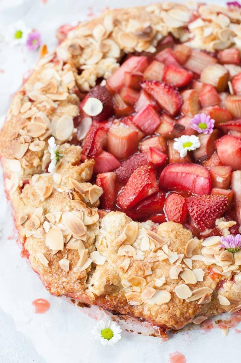 close up shot on strawberry rhubarb galette