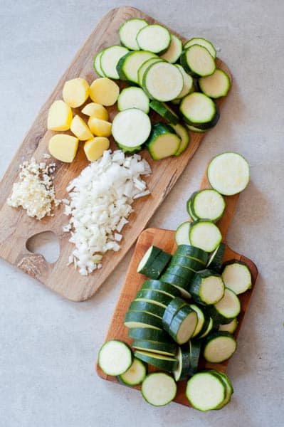 chopped ingredients for zucchini soup