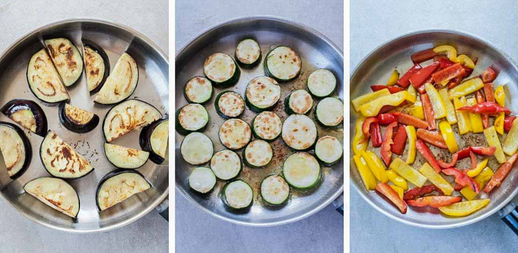 eggplant, zucchini and bell paprika are being pan-fried