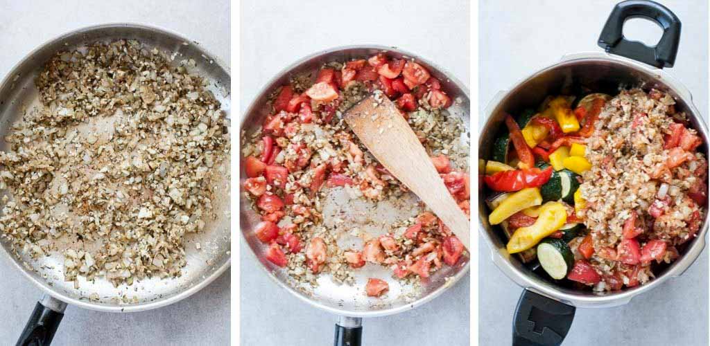 a collage of three photos showing preparation steps of ratatouille stew