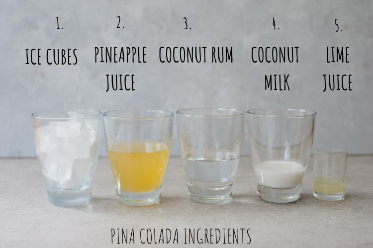 Labeled Pina colada ingredients in glasses.