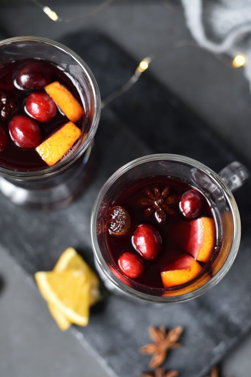 overhead shot on cranberry orange mulled wine