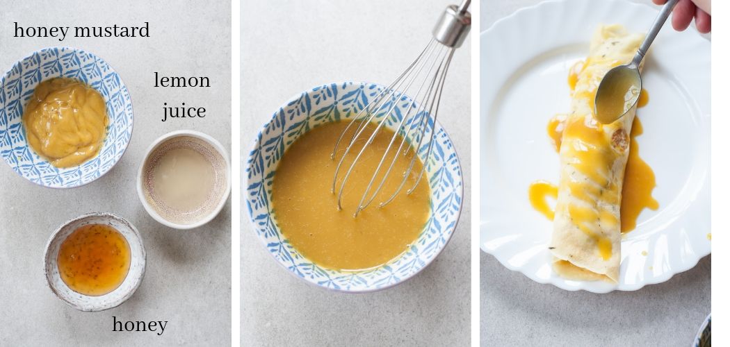 A collage of 3 photos showing how to make a honey mustard sauce.