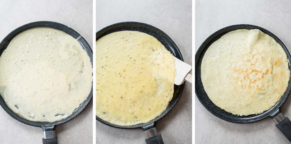 A collage of 3 photos showing how to cook savory crepes.