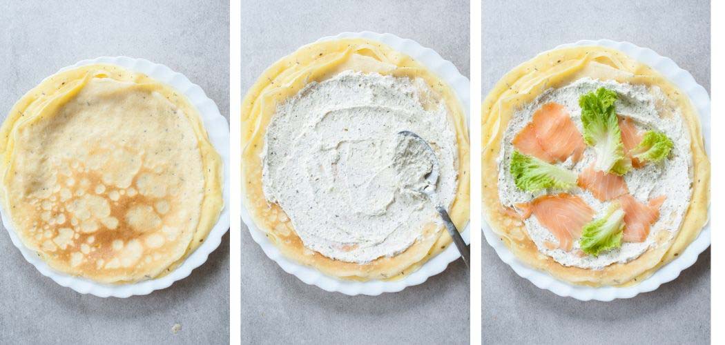 A collage of 3 photos showing how to assemble smoked salmon crepes.