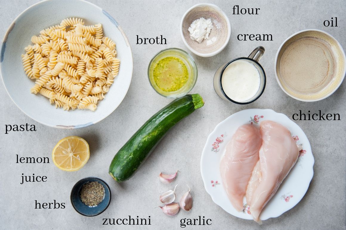 Labeled ingredients needed to prepare chicken zucchini pasta.