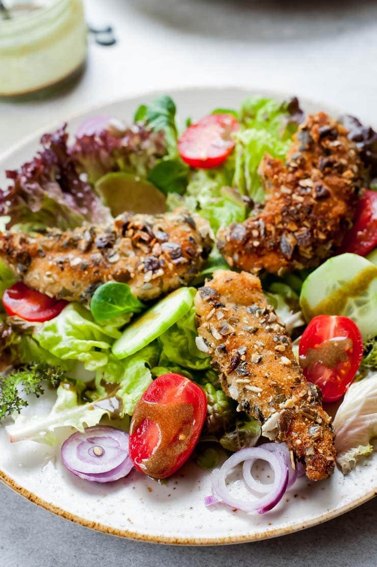 close up shot on Styrian breaded chicken salad (Backhendlsalat)