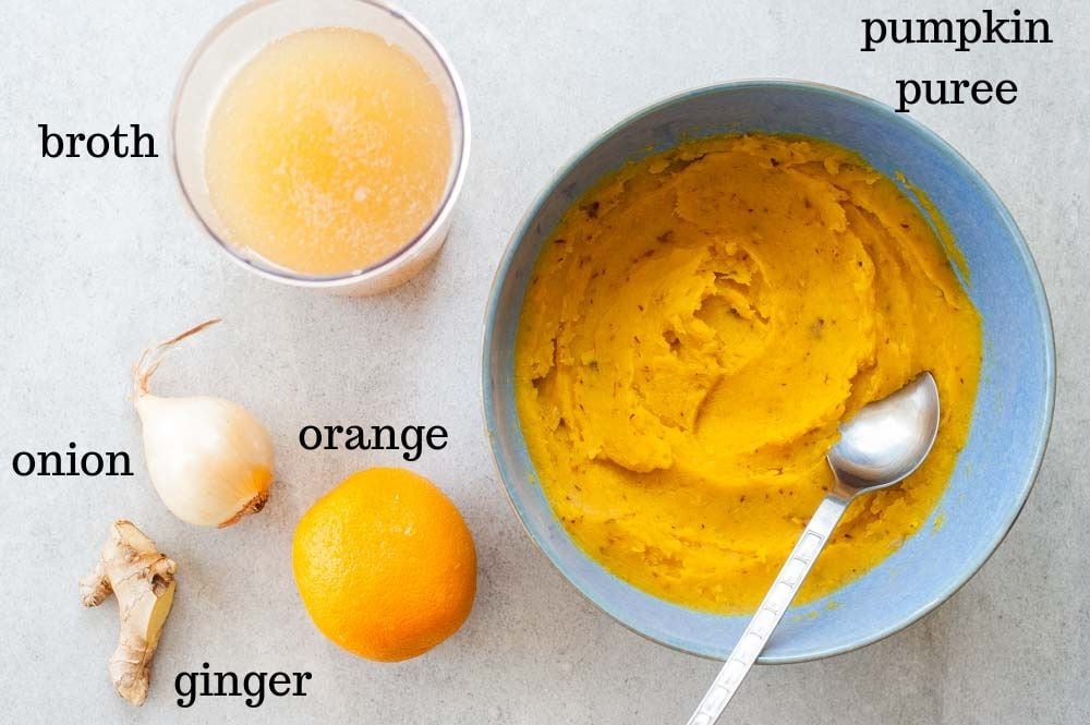 Pumpkin and ginger soup with orange ingredients.