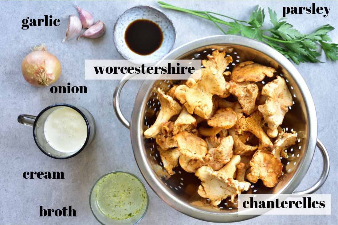 Labeled ingredients for chanterelle sauce.