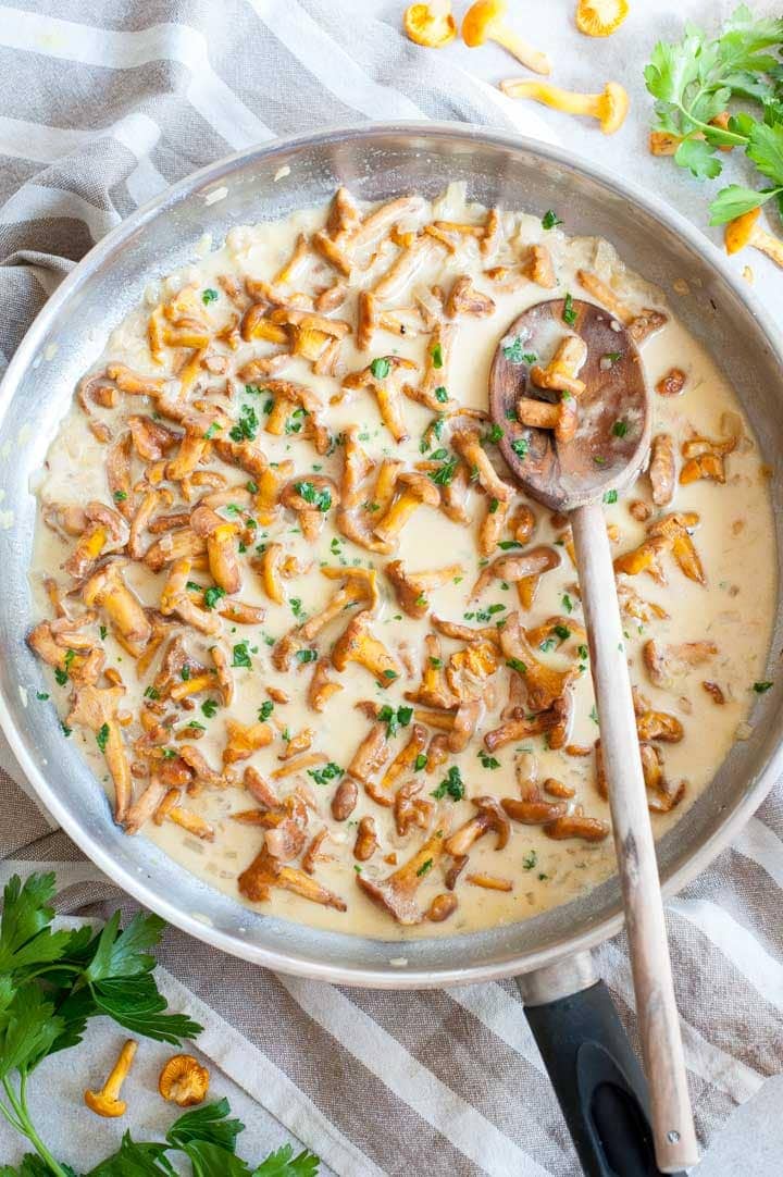 Creamy chanterelle sauce in a frying pan.