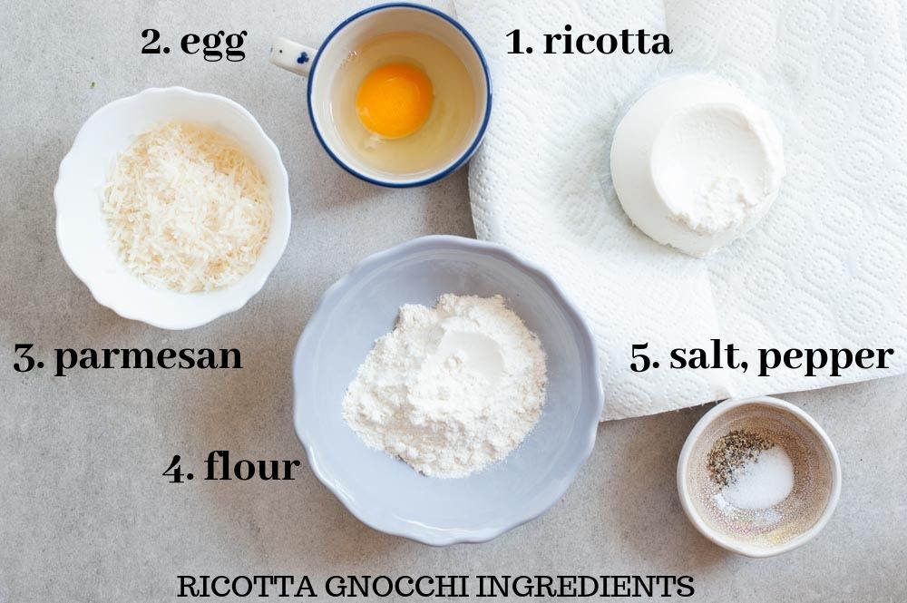 Labeled ingredients for ricotta gnocchi.