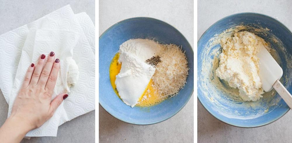 A collage of 3 recipes showing how to prepare ricotta gnocchi dough.