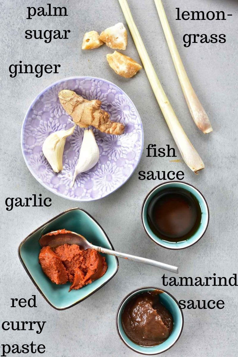 Thai red curry seasonings and ingredients.