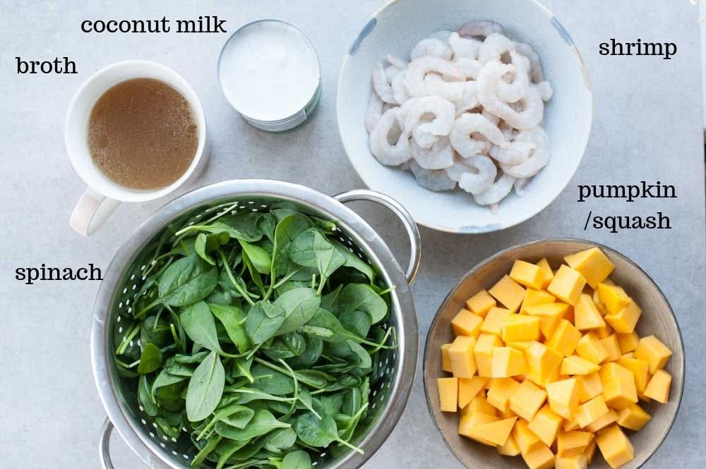 Labeled ingredients for Thai red curry.