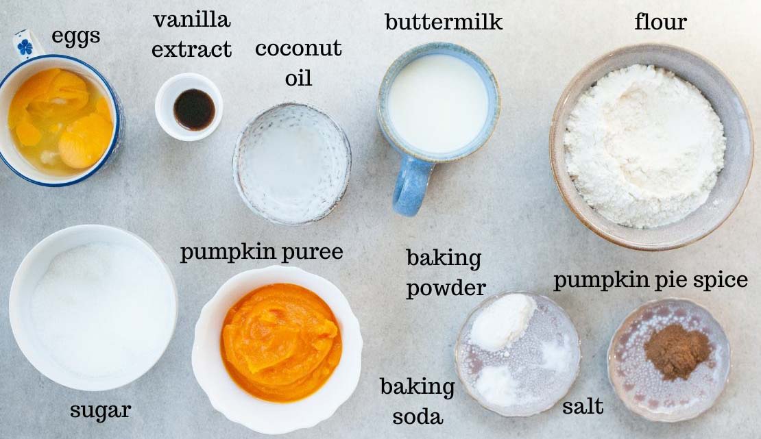 Labeled ingredients needed to prepare buttermilk pumpkin pancakes.