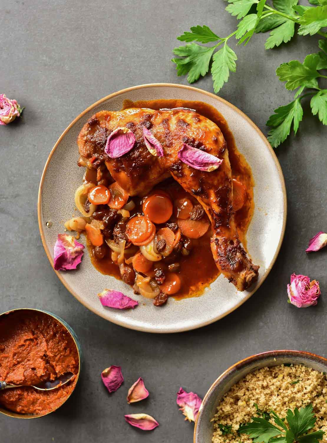 Harissa chicken with rose water sauce and lemon couscous
