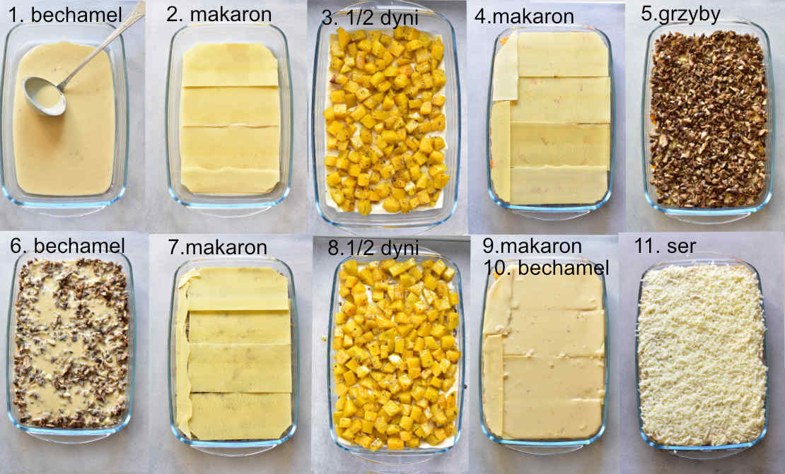 etapy składania lasagne z dynią i grzybami