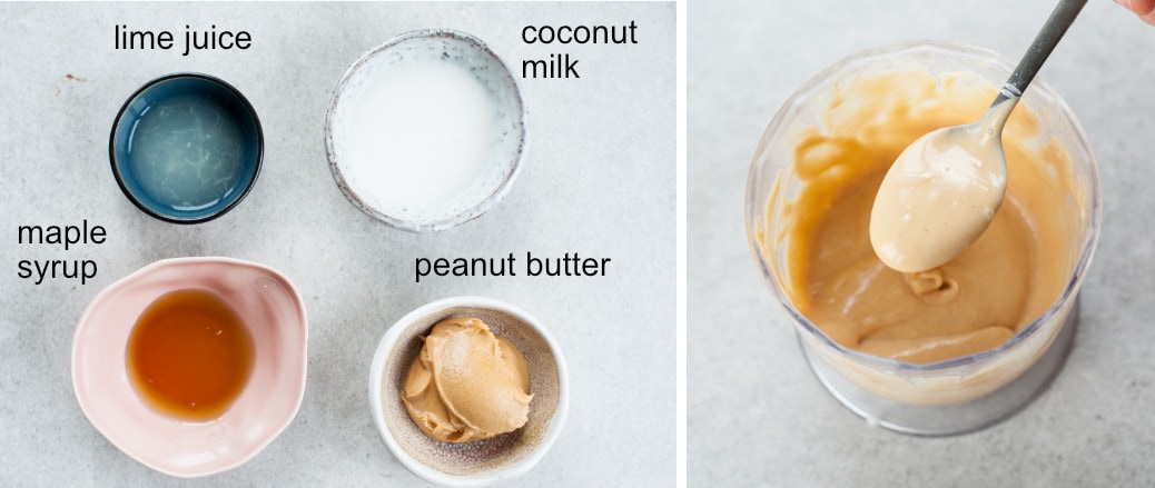 ingredients for the peanut butter sauce, peanut butter sauce in a food processor bowl