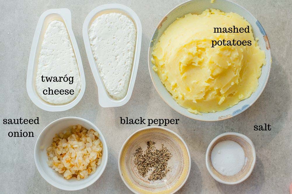 Labeled ingredients for pierogi ruskie filling.