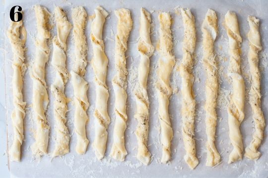 twisted puff pastry strips brushed with egg wash