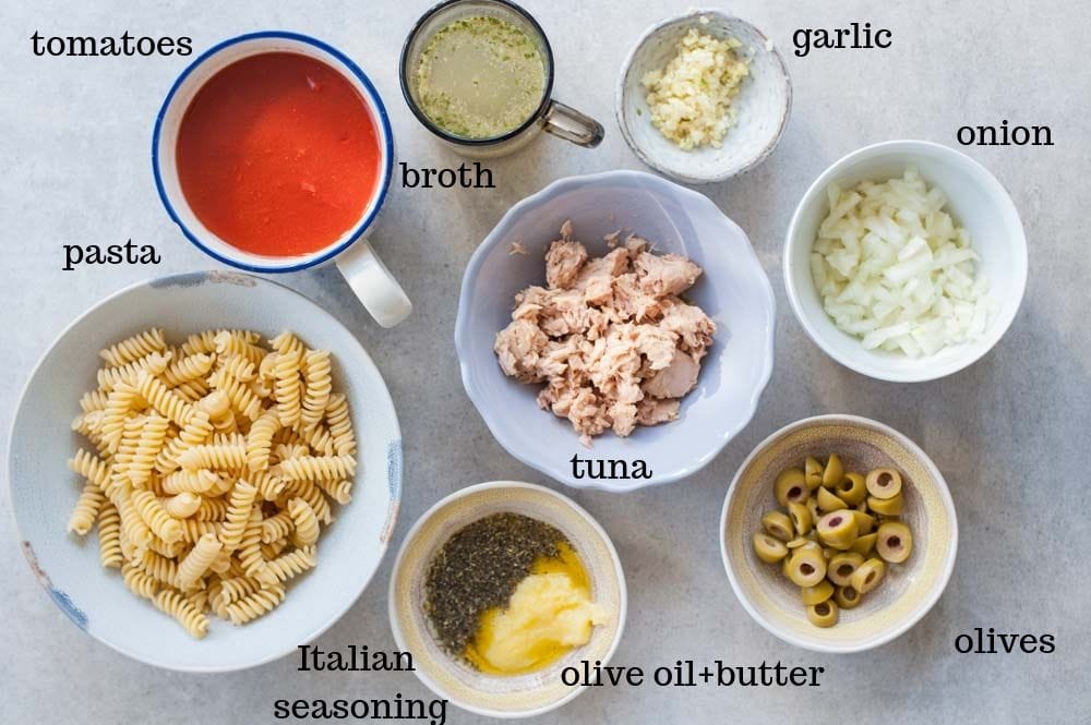 Labeled ingredients for tuna pasta.