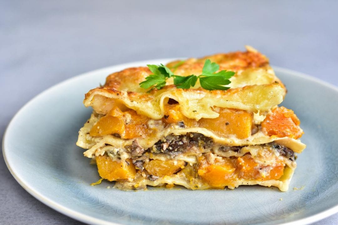 White Lasagna with pumpkin and mushrooms