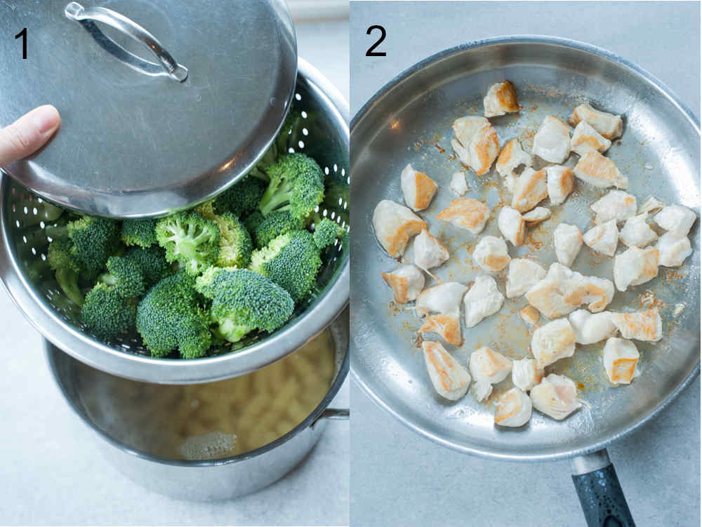 Broccoli in a pot. Cooked chicken in a pan.