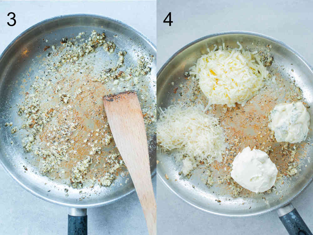 Sauteed garlic with spices in a pan. 4 types of cheese in a pan.