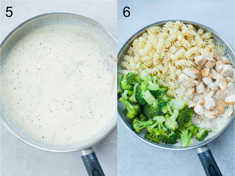 Cheese sauce in a pan. Broccoli, pasta, cooked chicken, and cheese sauce in a pan.