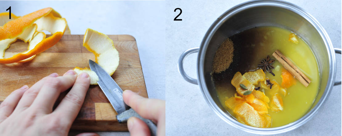 removing white pith from orange zest, orange syrup ingredients in a pot