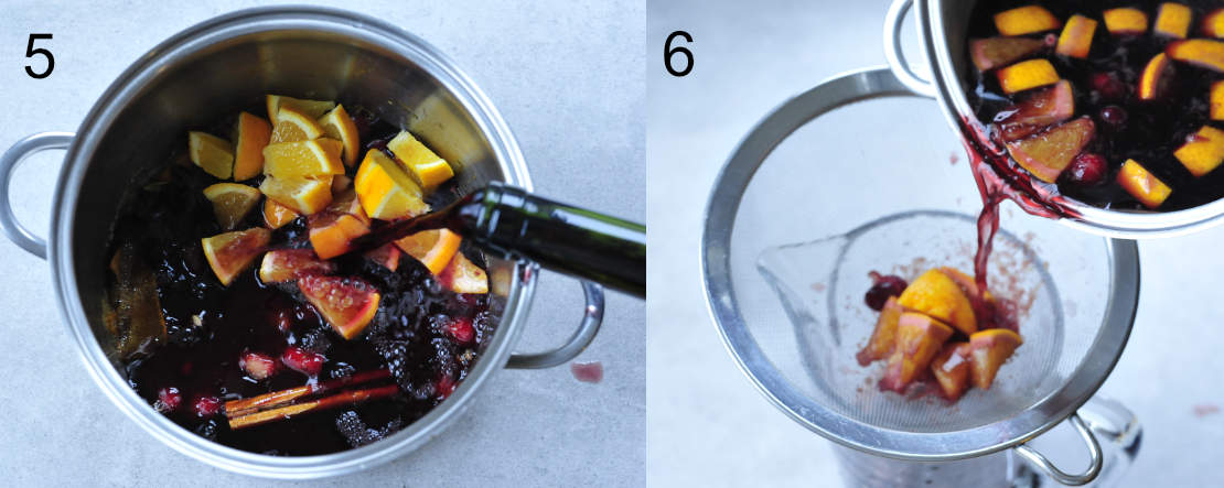 red wine is being added to orange syrup with cranberries, mulled wine is being strained to a pitcher