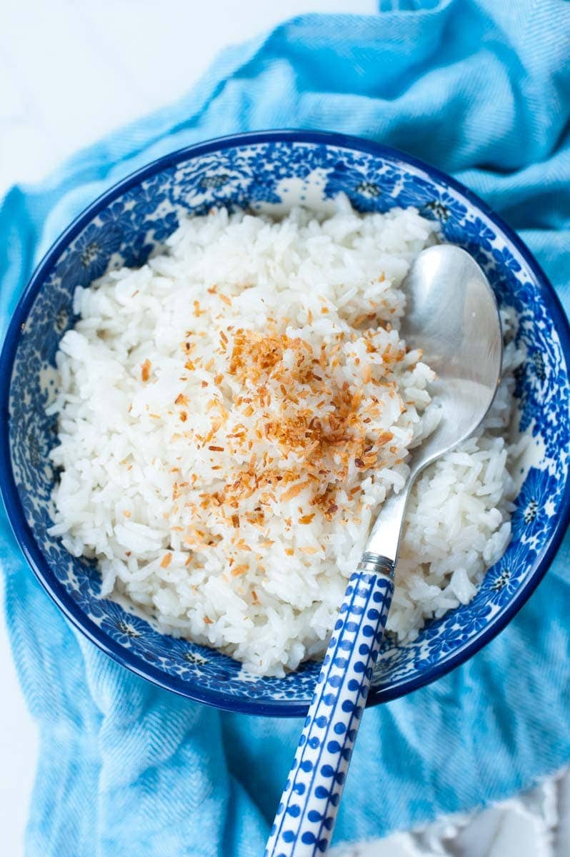 coconut rice in a blue bowl