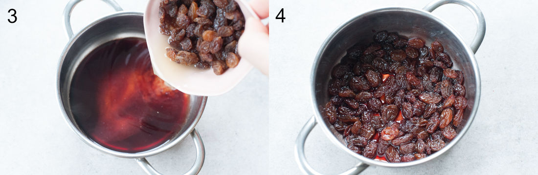 raisins in a small pot with red wine and caramel