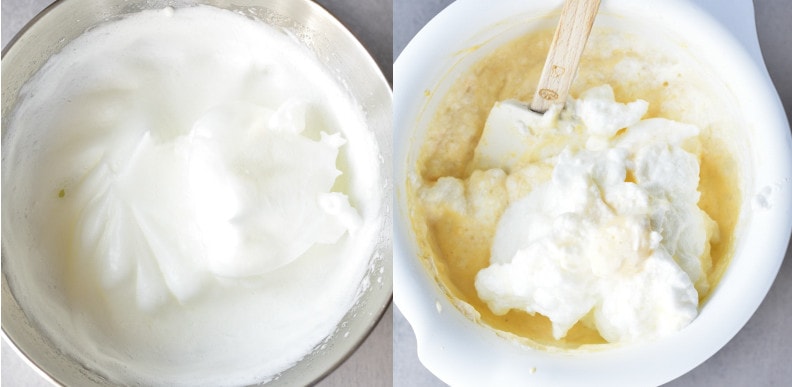 Whipped egg whites in a bowl. Whipped egg whites are being folded into the pancake batter.