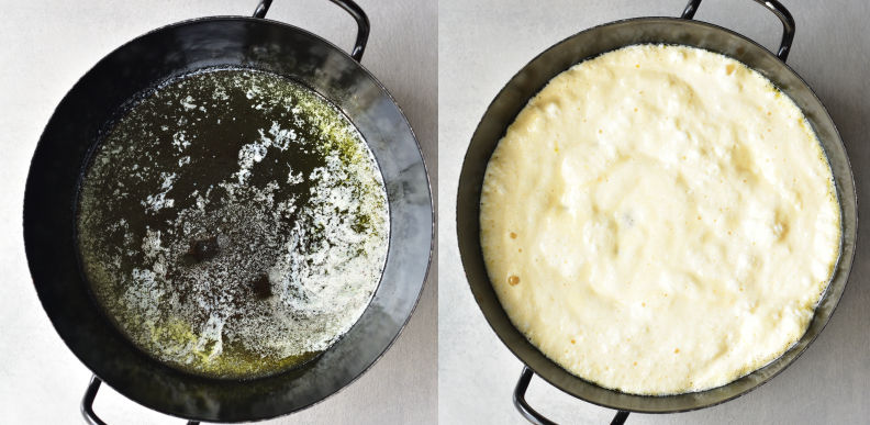 Melted butter in a pan. Pancake batter in a pan.