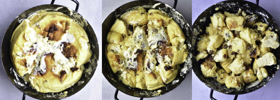 A collage of 3 photos showing how to shred Kaiserschmarrn pancake.
