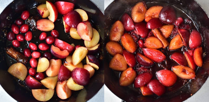 A collage of 2 photos showing how to make caramelized plum sauce.