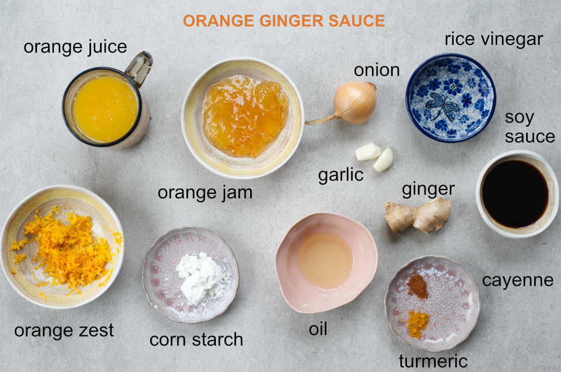 Labeled orange ginger sauce ingredients.