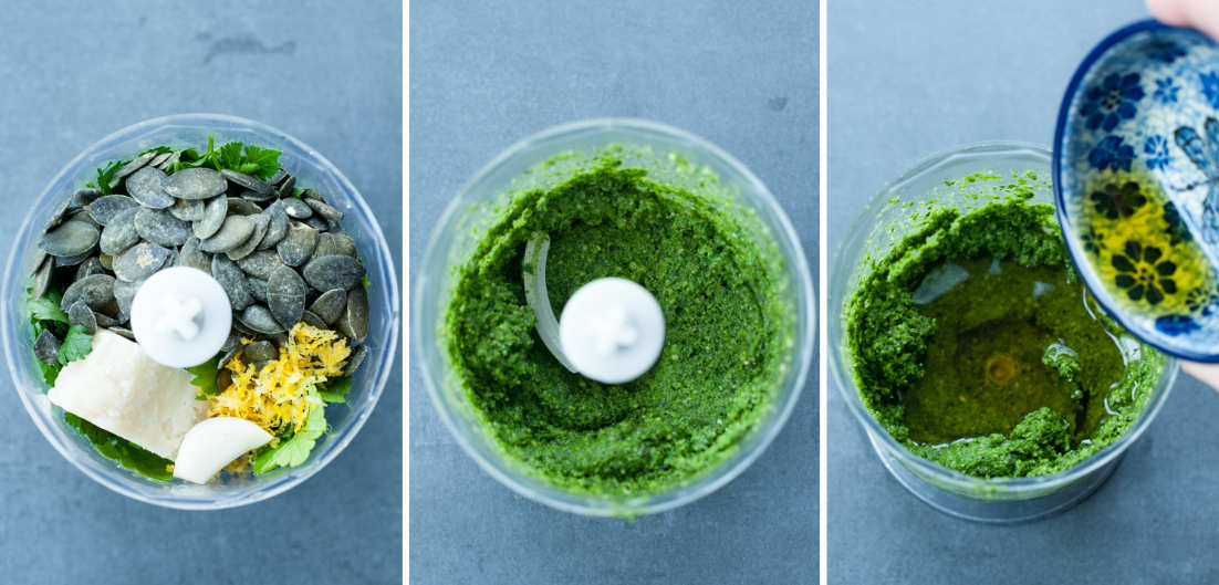 A collage of 3 photos showing how to prepare parsley pesto.