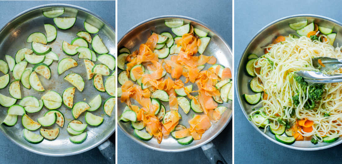 A collage of 3 photos showing how to prepare parsley pesto pasta.