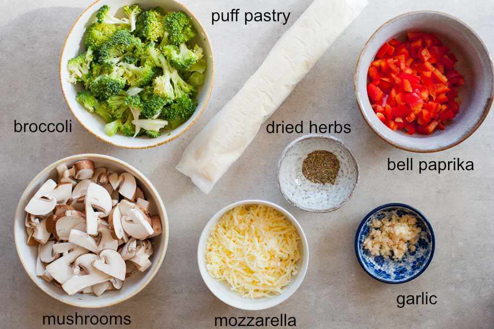 Labeled ingredients needed for puff pastry strudel.