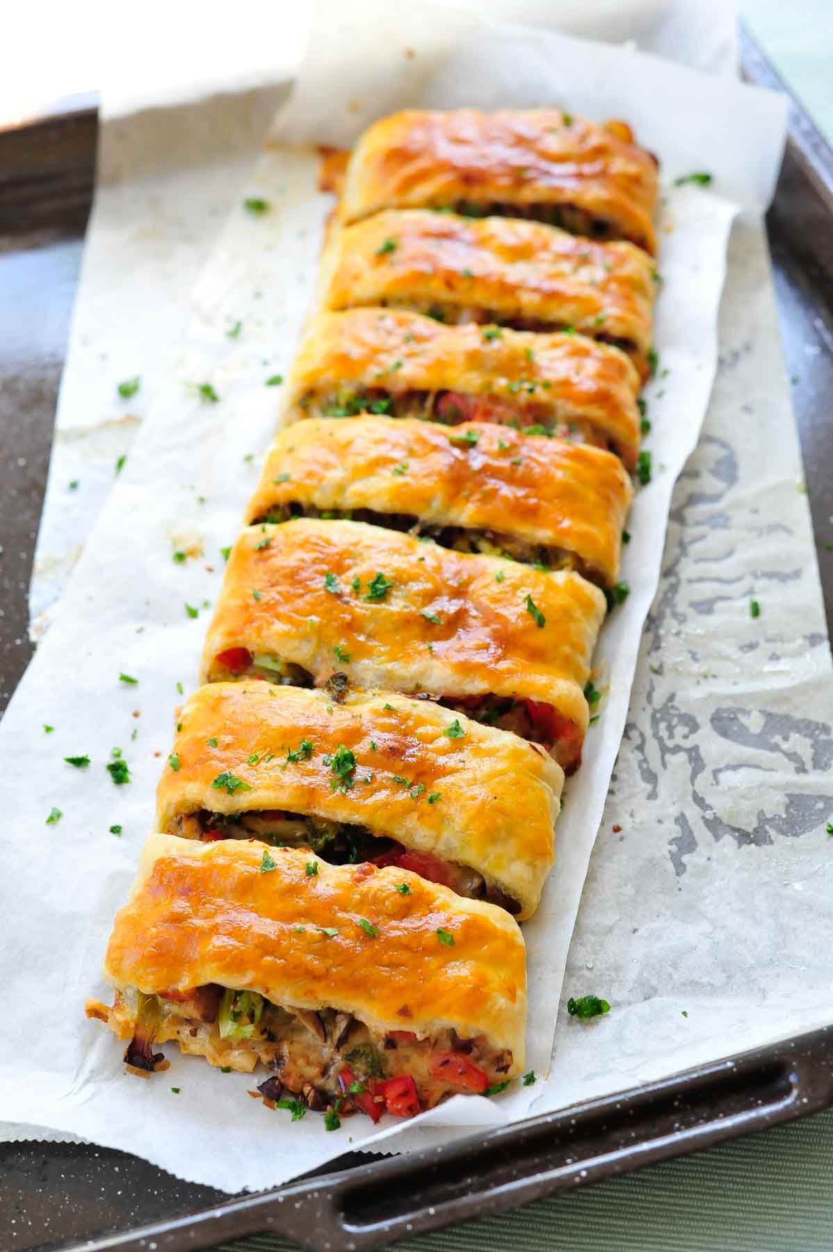 Shtrodel Puff pastry strudel with vegetables and cheese - Everyday Delicious