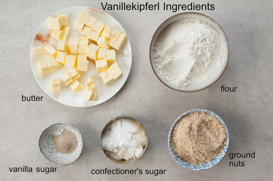 Labeled ingredients needed to prepare Austrian Vanillekipferl.